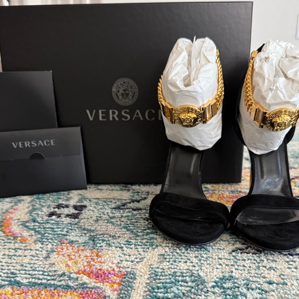 Versace Black Heels with Gold Medallion